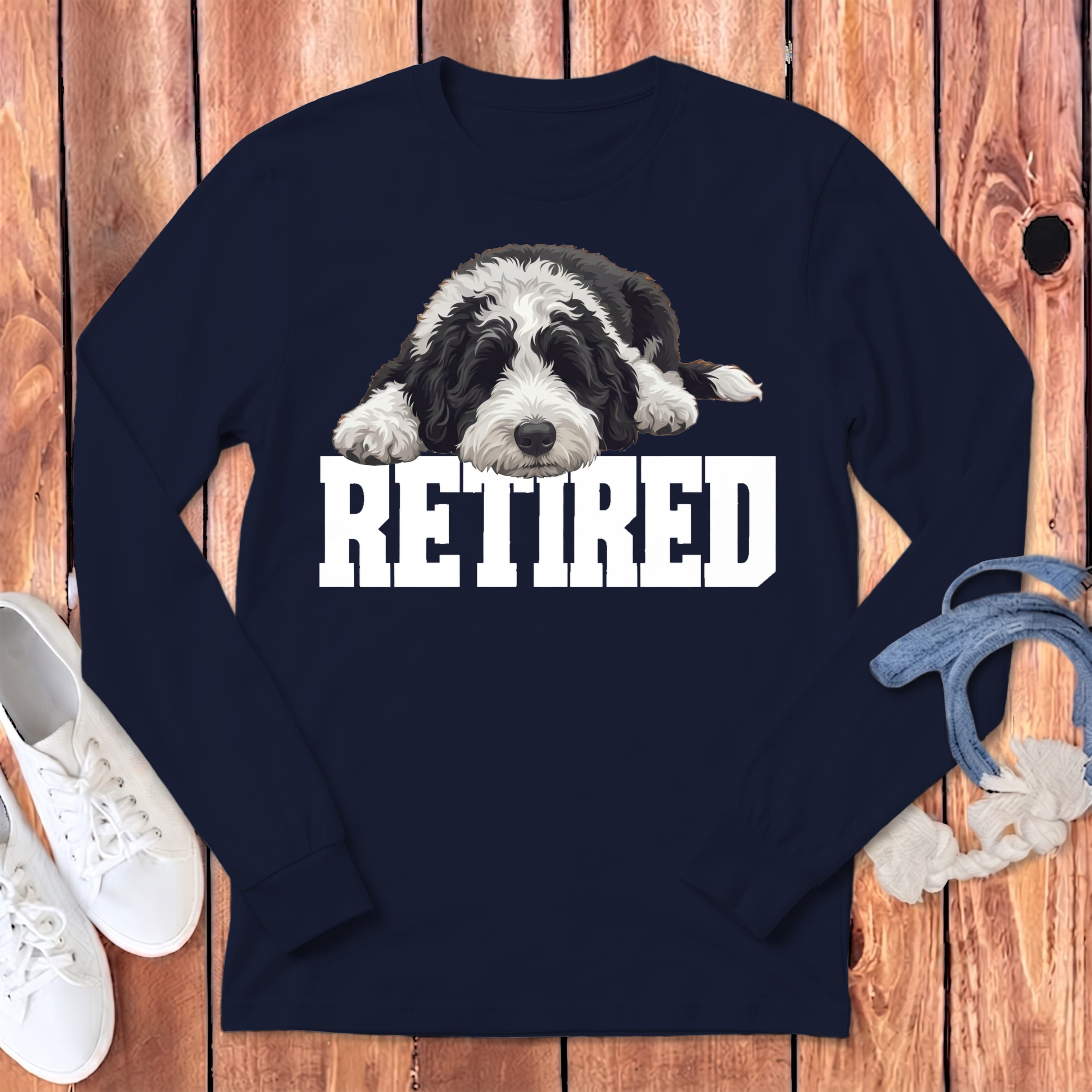Retired Sleeping Sheepadoodle Long Sleeve T-Shirt in Navy / S by Puppy Jo