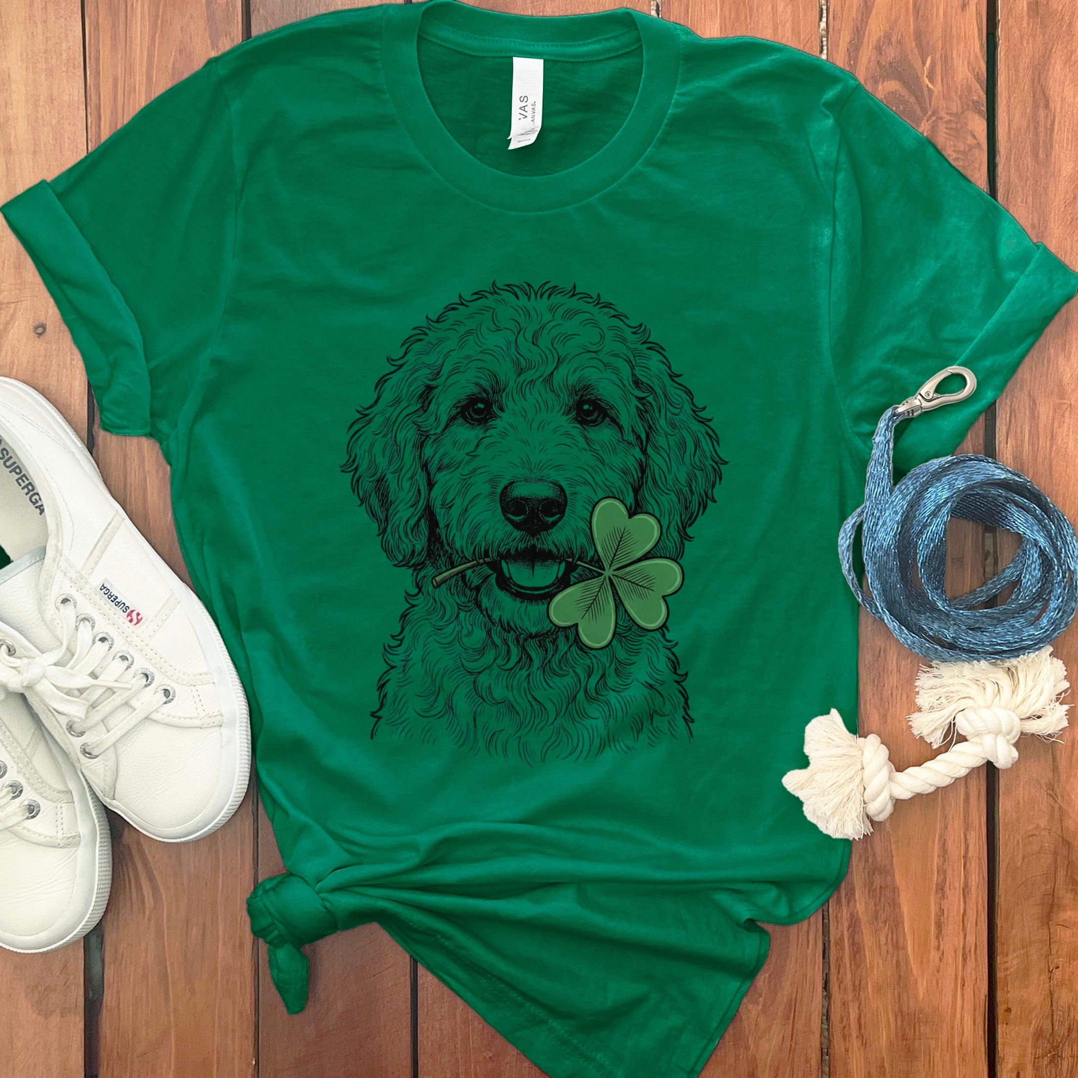 Cute Dog with Clover Graphic on Green T-Shirt Product