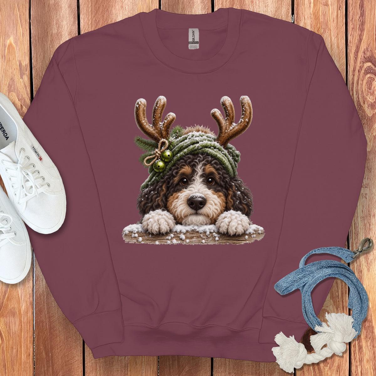 Bernedoodle dog wearing antlers and a winter hat on a maroon sweatshirt.