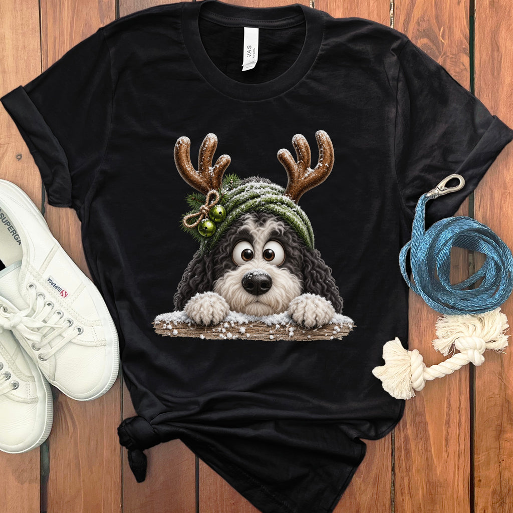 Black t-shirt with a Bernedoodle wearing reindeer antlers and a winter hat.