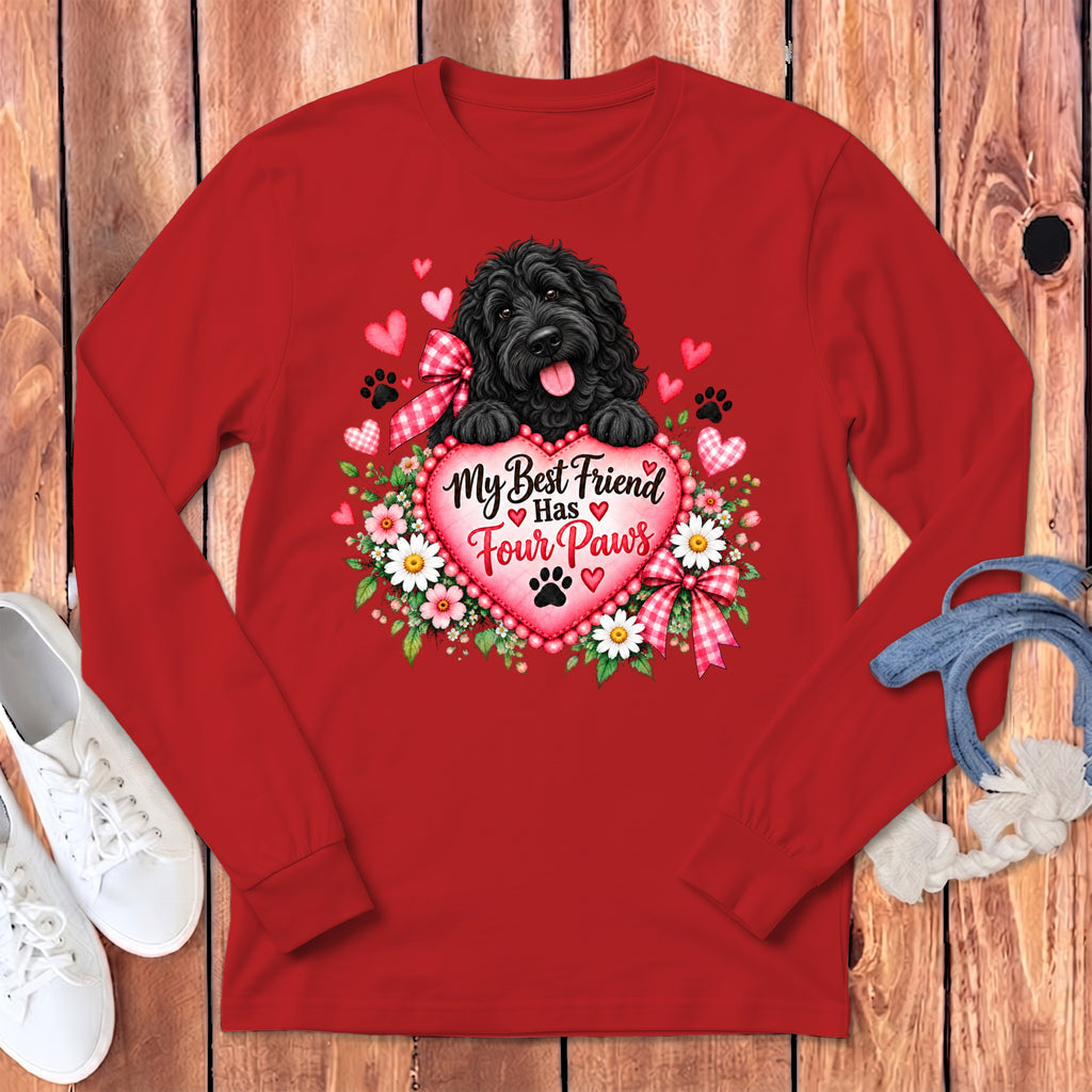 A red long-sleeve t-shirt features a black dog, hearts, flowers, and the text My Best Friend Has Four Paws.
