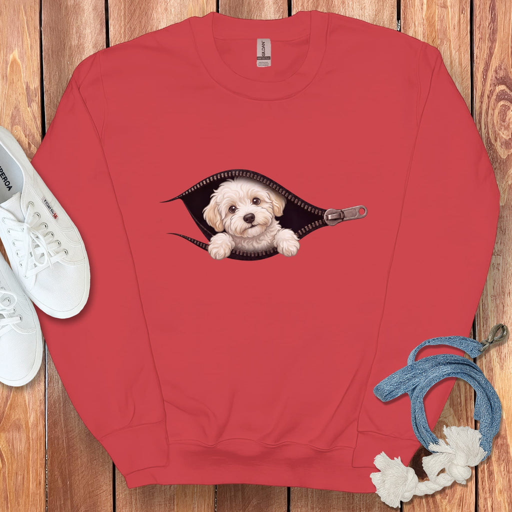 Maltipoo Peeking Zipper Sweatshirt in Red / S by Puppy Jo