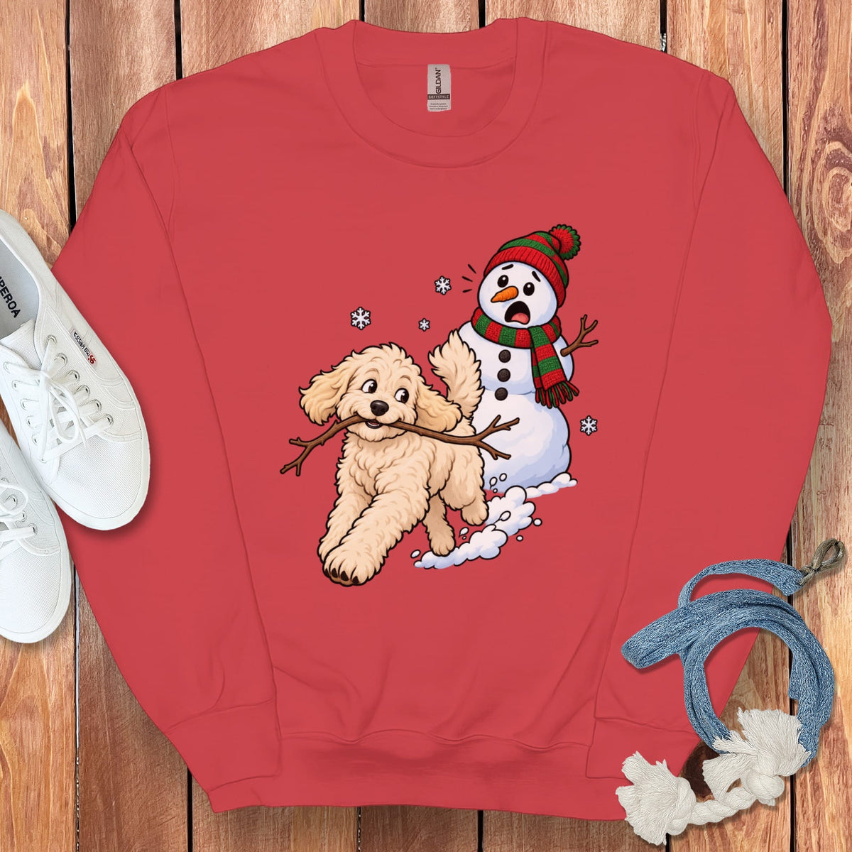 Cream Goldendoodle Snowman Sweatshirt in Red / S by Puppy Jo