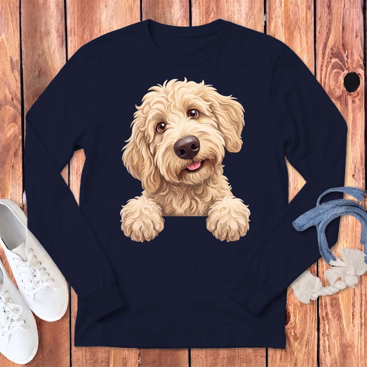 Navy long sleeve shirt with a cute golden doodle dog illustration.