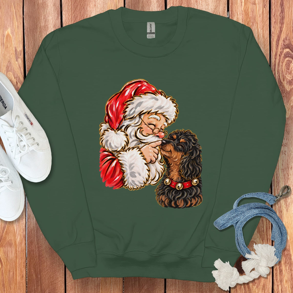 Phantom Goldendoodle Santa Kiss Sweatshirt in Forest Green / S by Puppy Jo