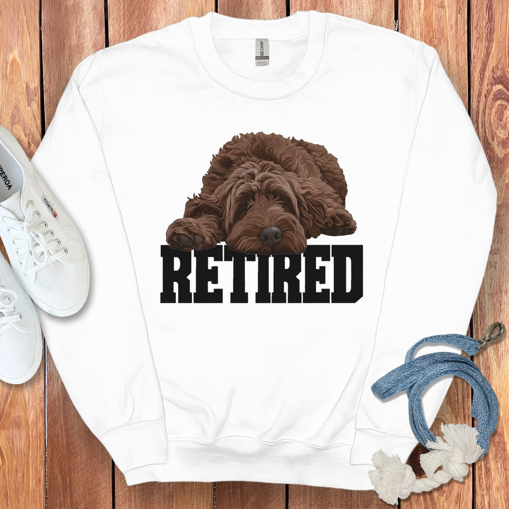 Retired Sleeping Chocolate Goldendoodle Sweatshirt in White / S by Puppy Jo