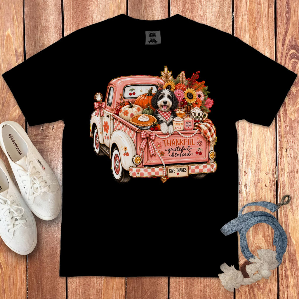 Sheepadoodle Fall Truck Signature T-Shirt in Black / S by Puppy Jo