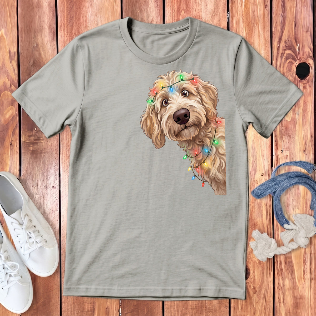 Light grey t-shirt with a doodle dog wearing Christmas lights graphic.
