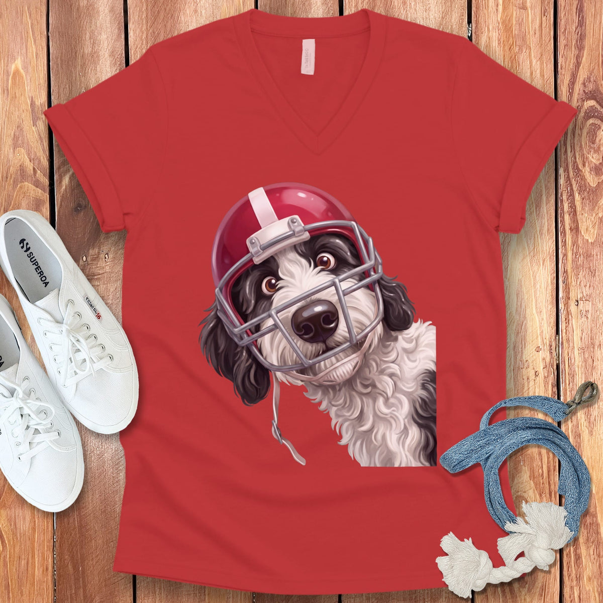 Sheepadoodle Football Helmet V-Neck T-Shirt in Red / S by Puppy Jo