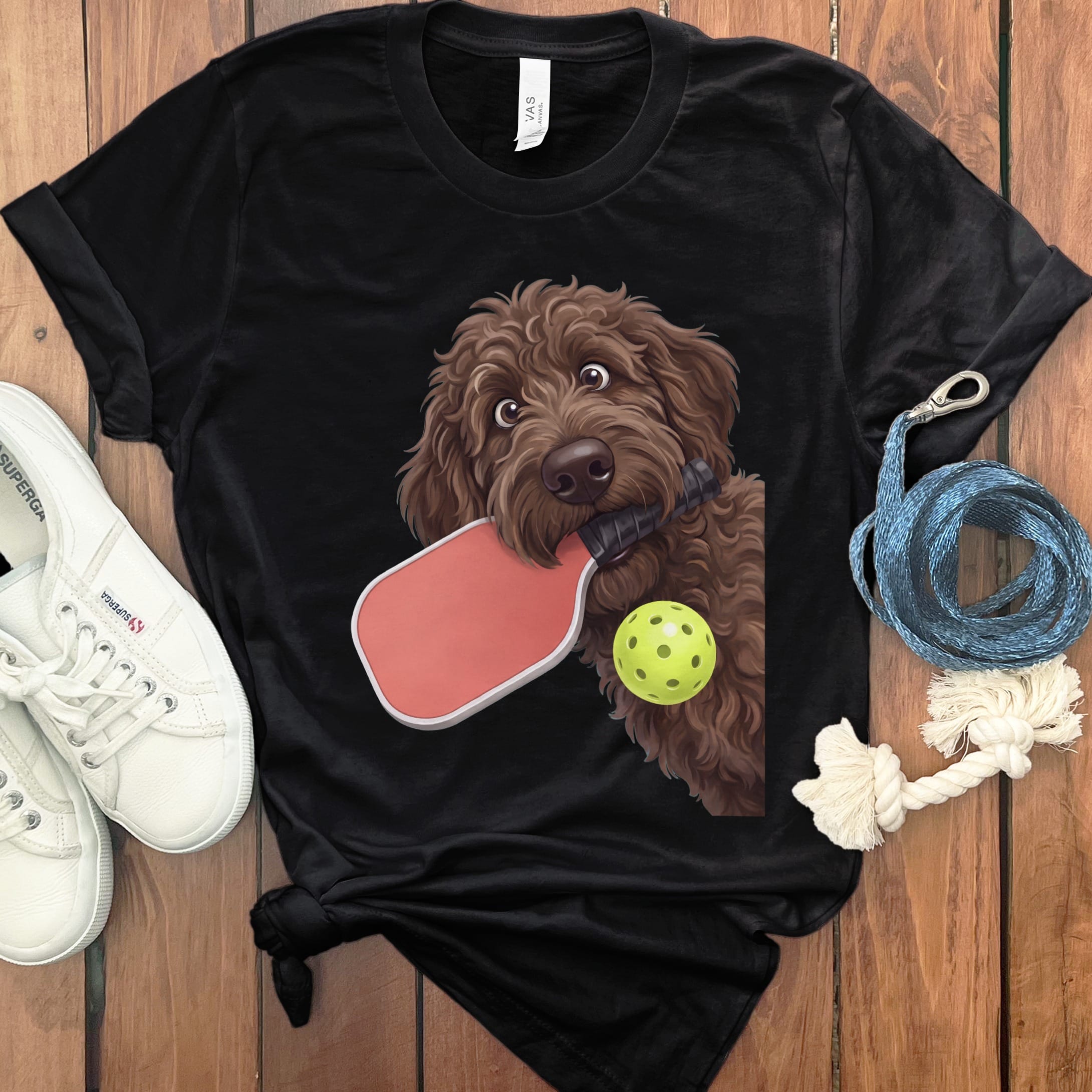 Chocolate Goldendoodle Pickleball T-Shirt in Black / S by Puppy Jo