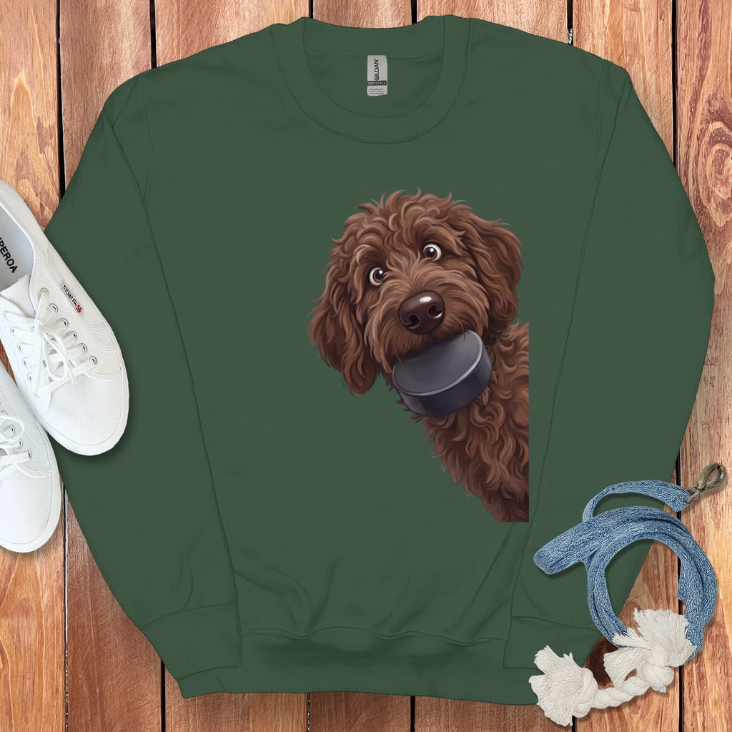 Chocolate Goldendoodle Hockey Puck Sweatshirt in Forest Green / S by Puppy Jo