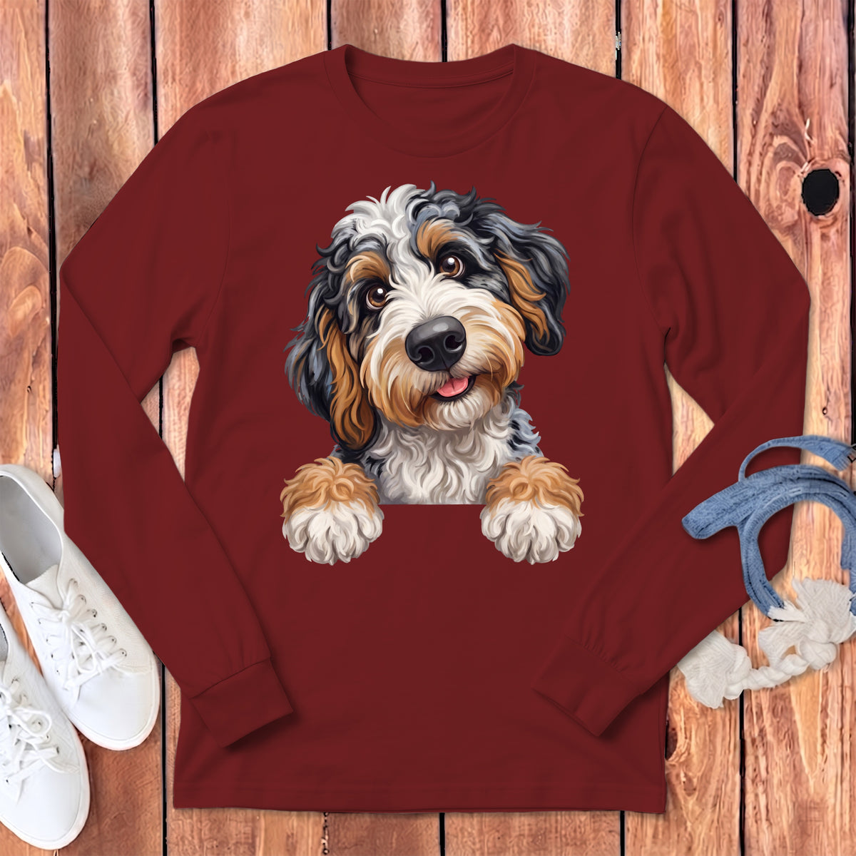Bernedoodle puppy graphic on a maroon long sleeve shirt.