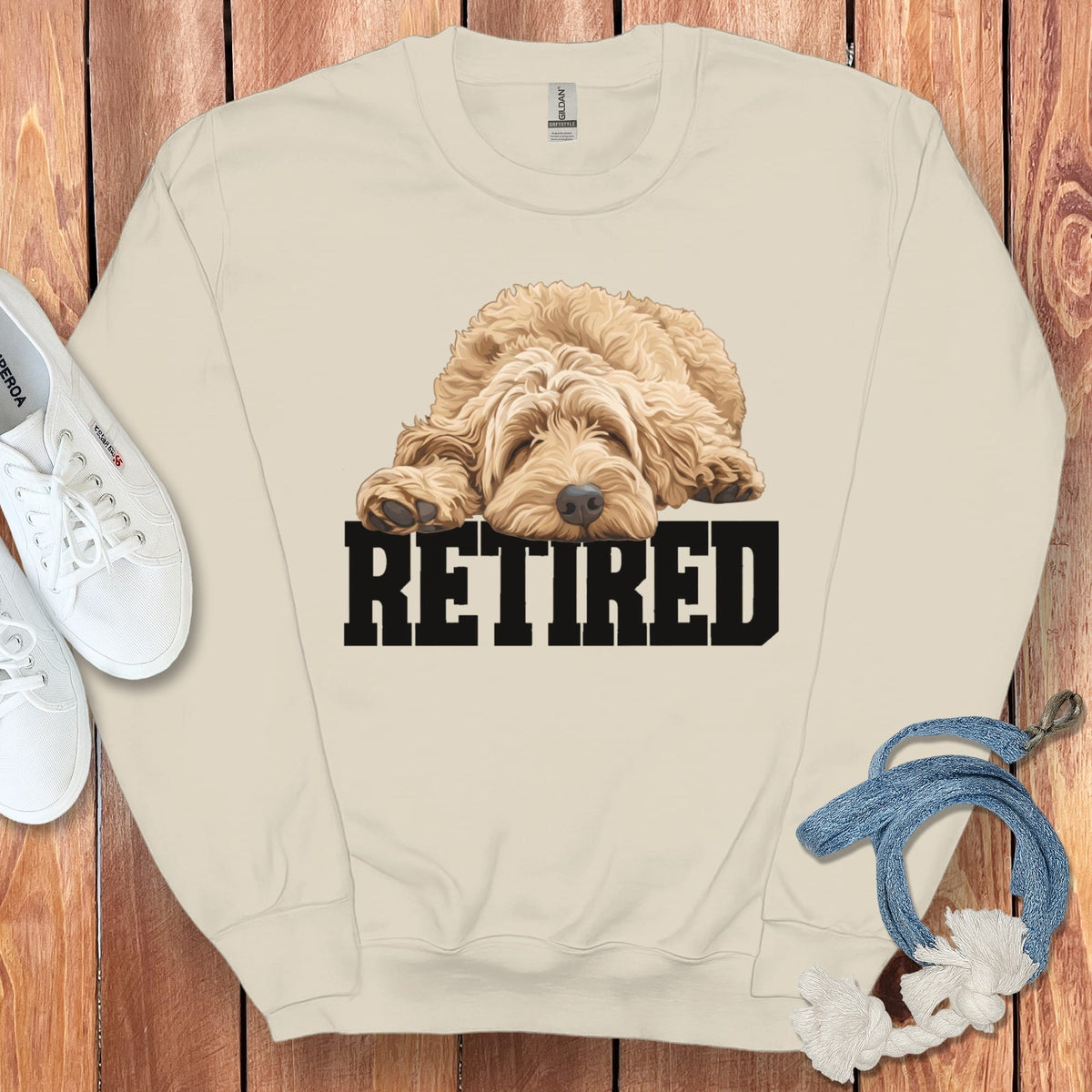 Retired Sleeping Golden Goldendoodle Sweatshirt in Sand / S by Puppy Jo