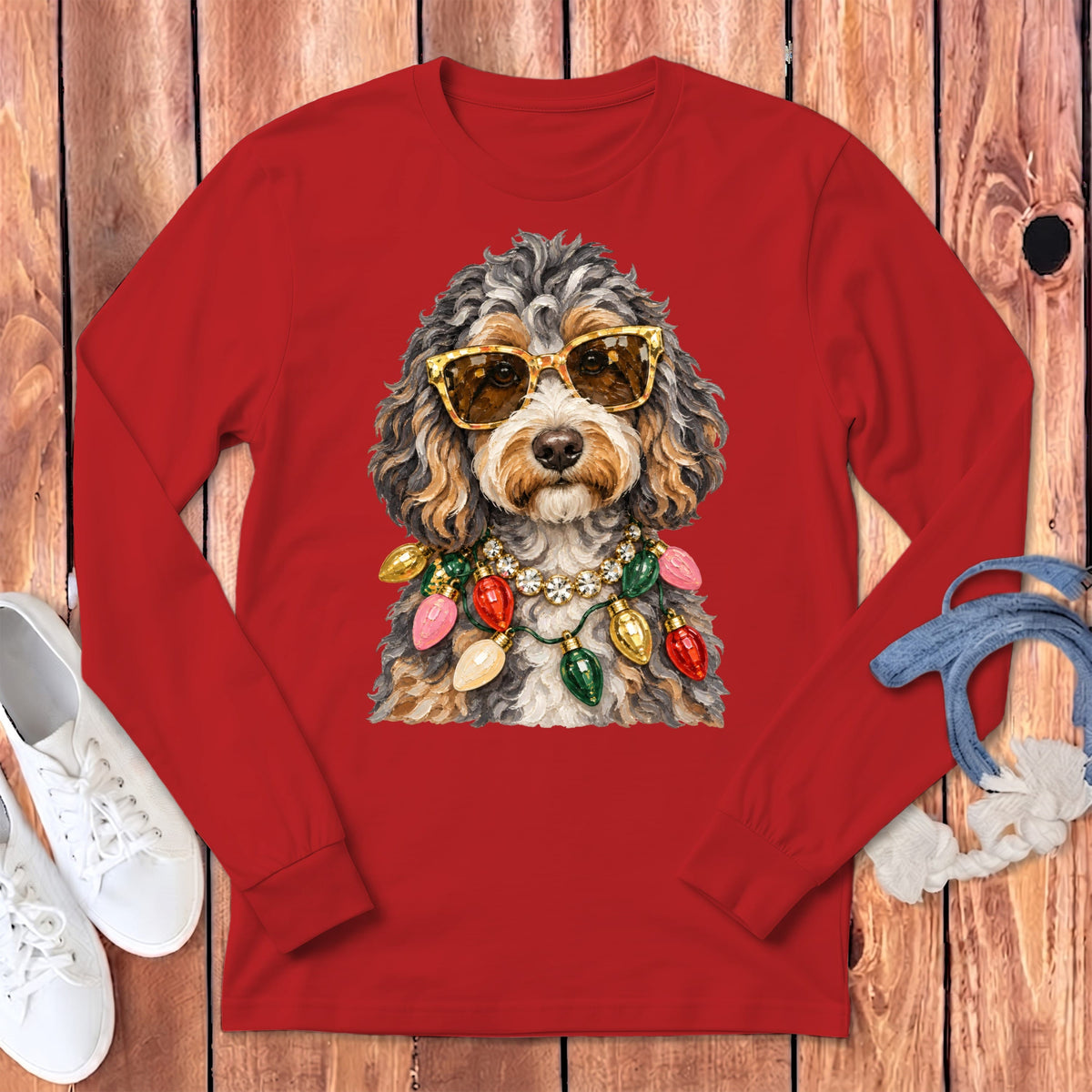 Aussiedoodle Christmas Glam Long Sleeve T-Shirt in Red / S by Puppy Jo