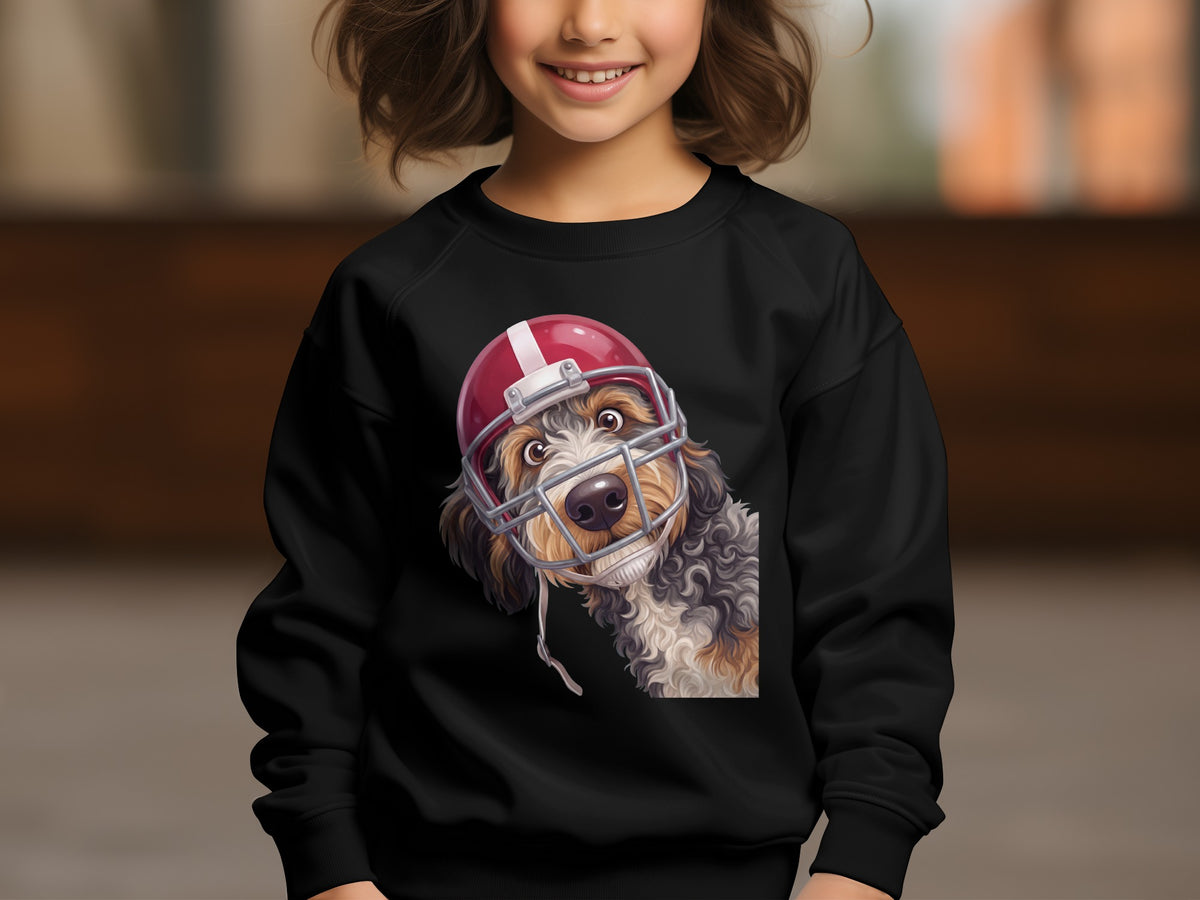 Black sweatshirt with a cartoon dog wearing a red football helmet.
