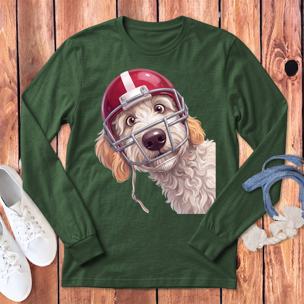 Green long-sleeve shirt with illustration of a dog wearing a football helmet.