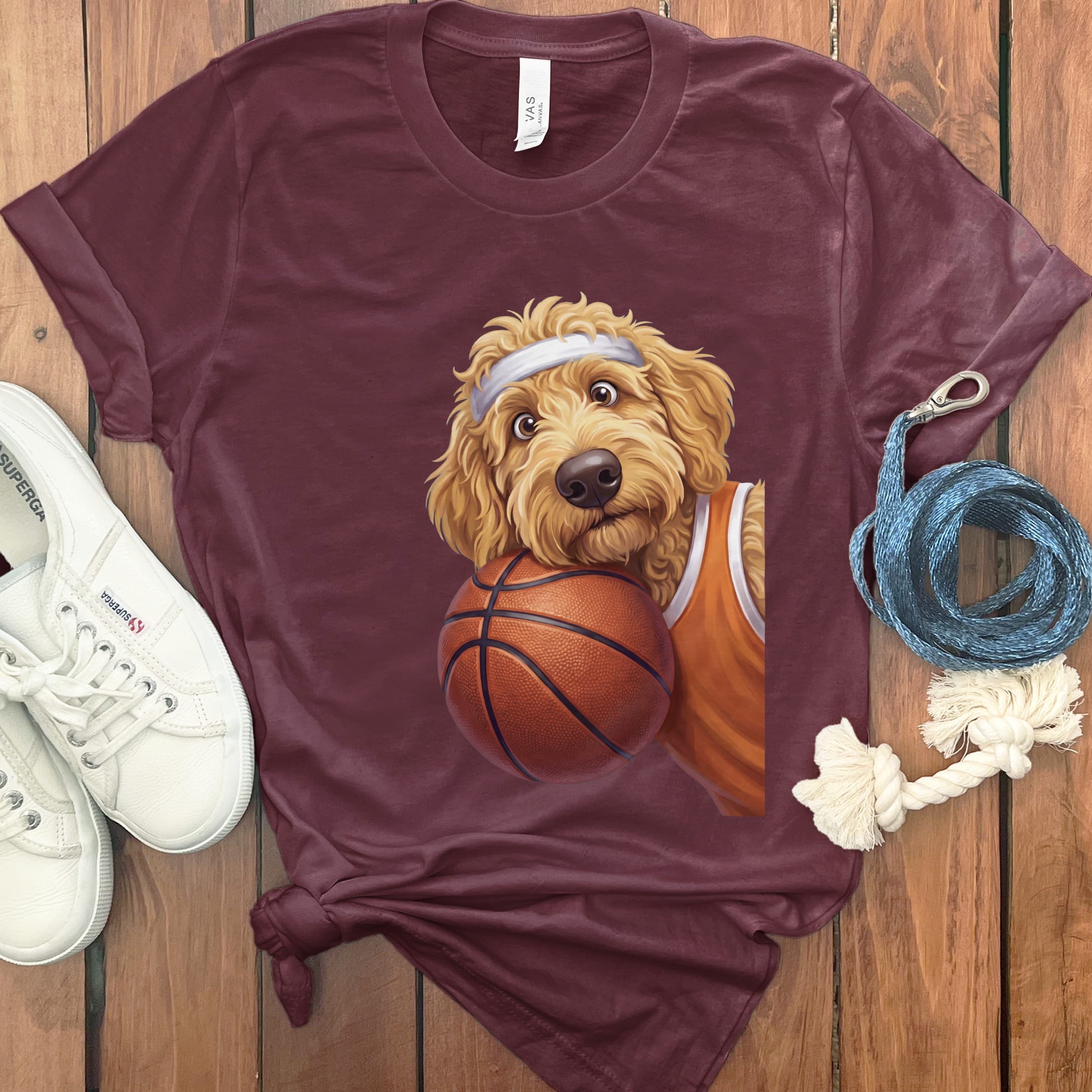 Golden Goldendoodle Basketball Player T-Shirt in Maroon / S by Puppy Jo