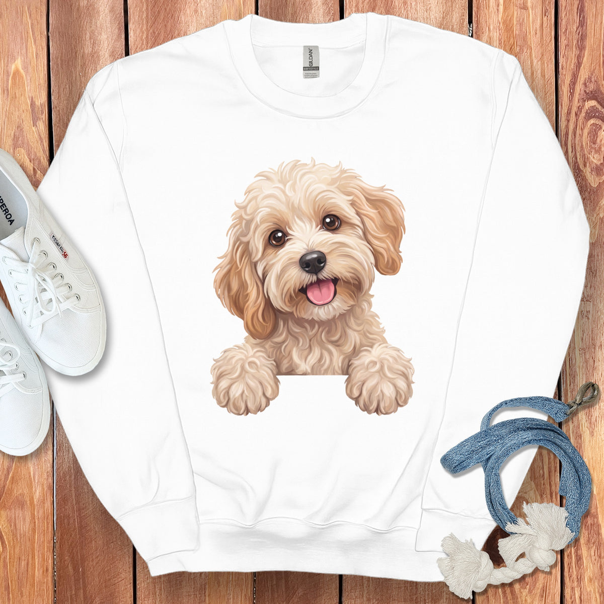 White sweatshirt with a happy fluffy dog graphic on the front.