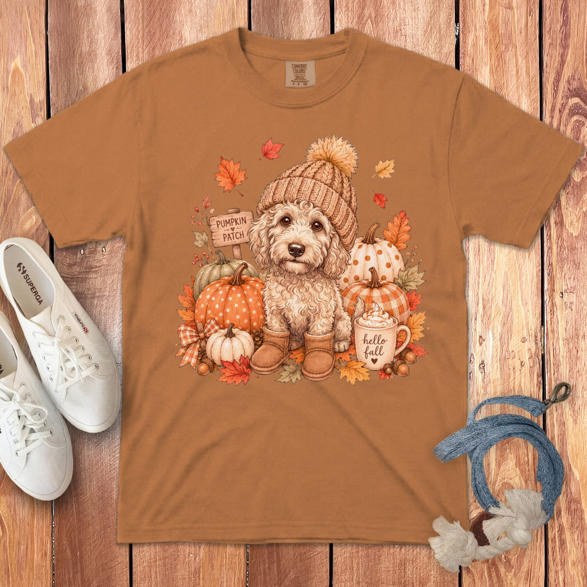 Cream Goldendoodle Pumpkin Patch Signature T-Shirt in Yam / S by Puppy Jo