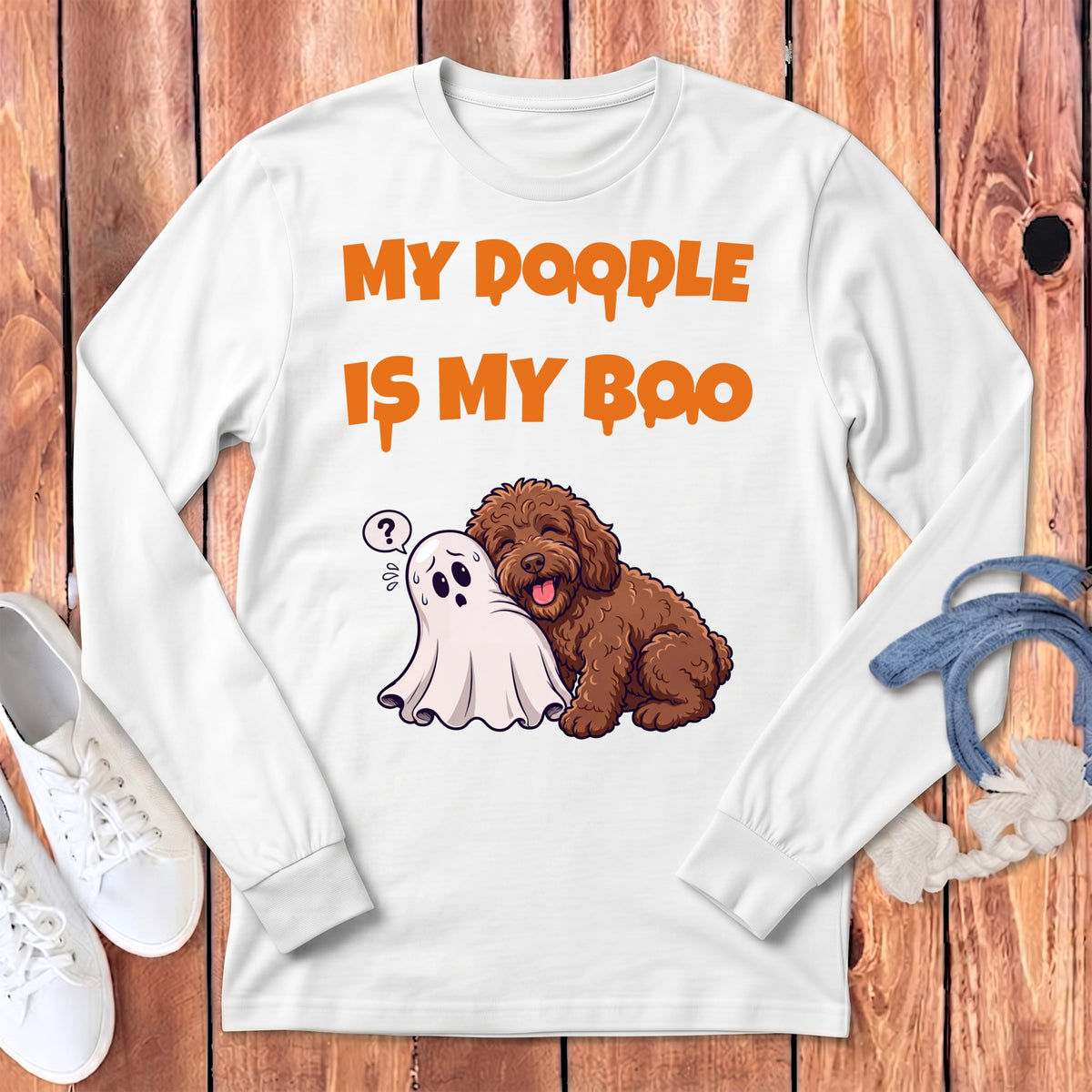 Chocolate Goldendoodle My Boo Long Sleeve T-Shirt in White / S by Puppy Jo