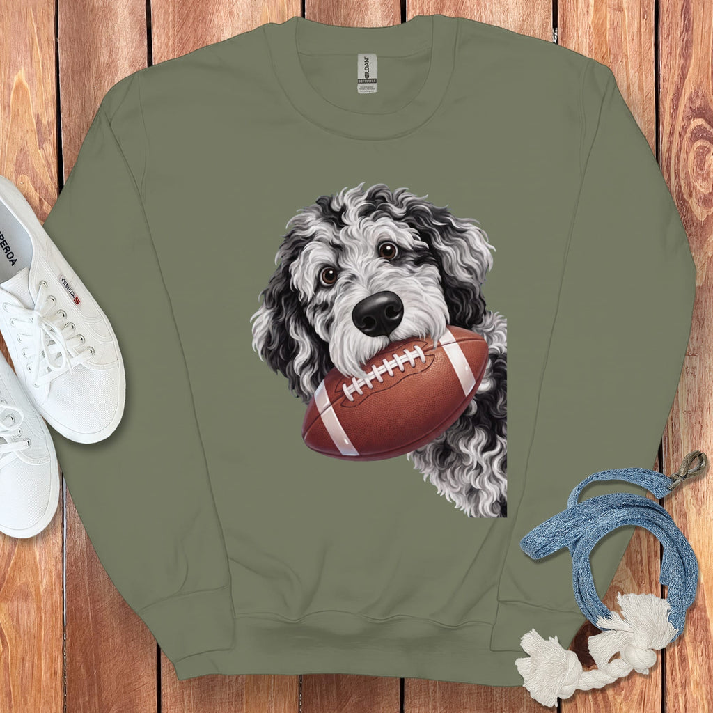 Green sweatshirt with a doodle dog graphic holding a football.