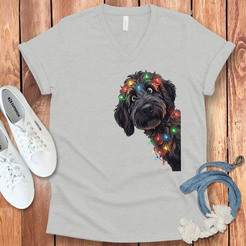 Peeking Black Goldendoodle Holiday V-Neck T-Shirt in Athletic Heather / S by Puppy Jo
