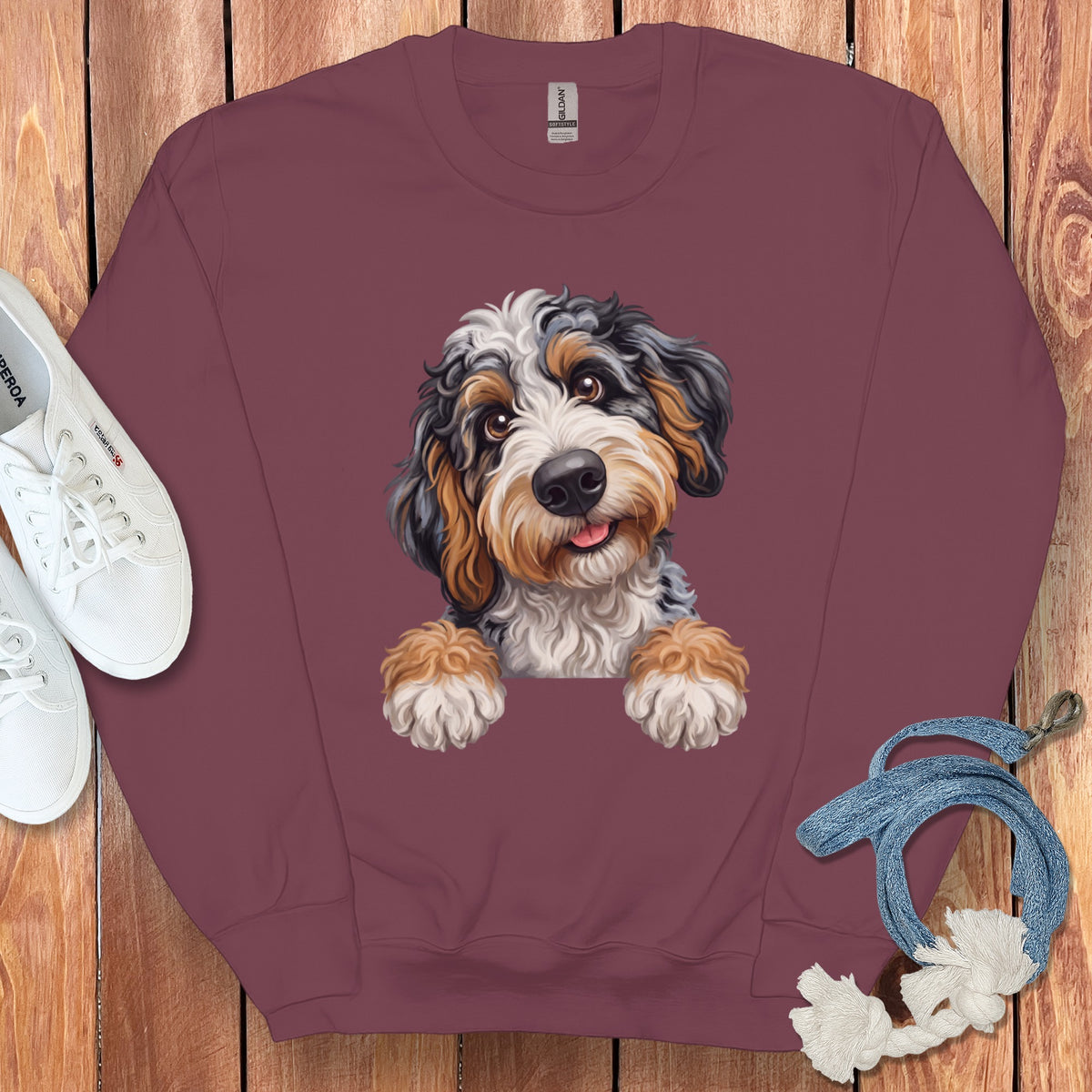 Burgundy sweatshirt with a digital illustration of a happy Bernese Mountain Dog puppy.