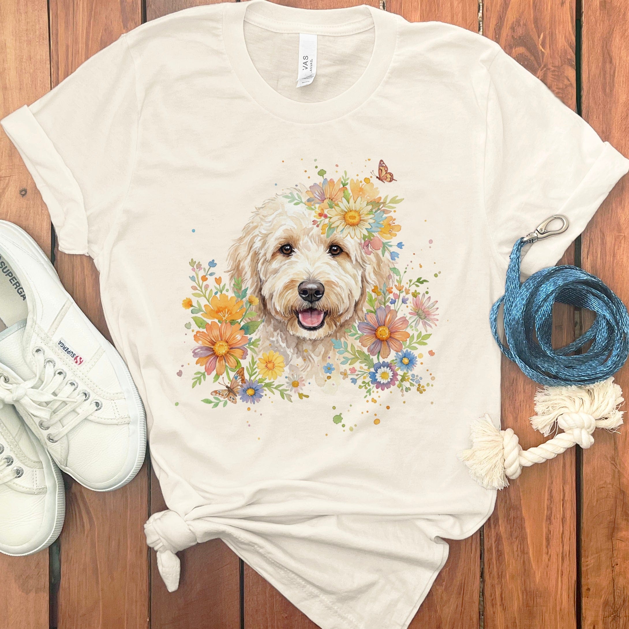 Cute Floral Dog Graphic Tee with a Happy Dog