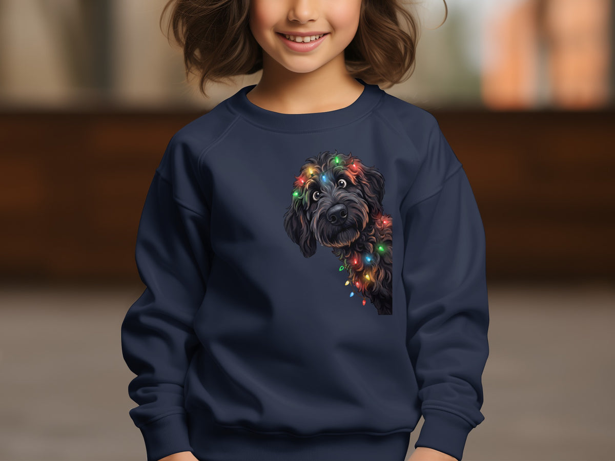Navy sweatshirt with a black dog adorned with colorful Christmas lights graphic.