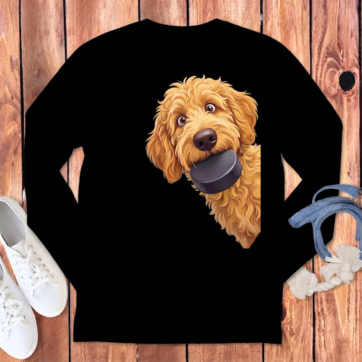 Golden Goldendoodle Hockey Puck Long Sleeve T-Shirt in Black / S by Puppy Jo