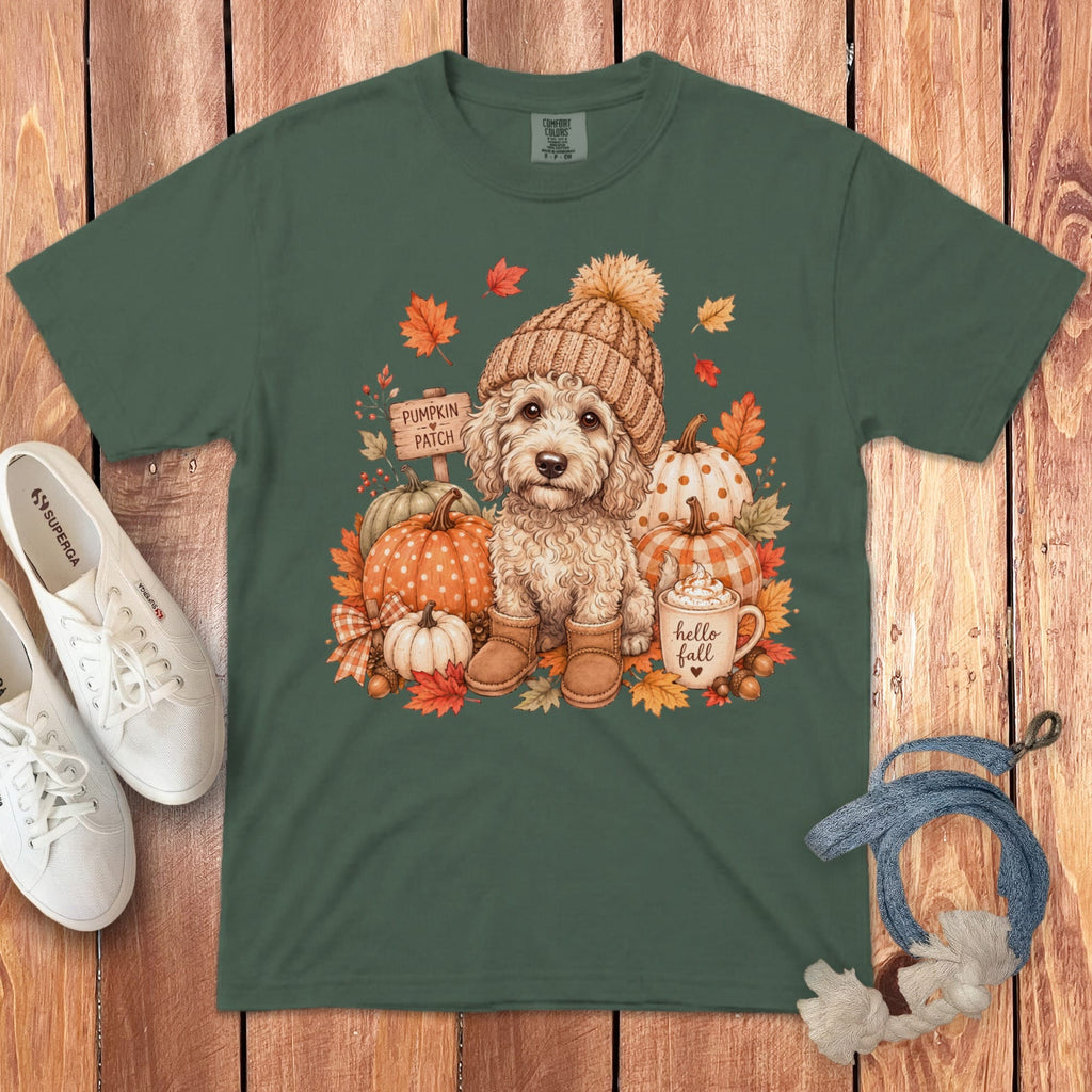 Cream Goldendoodle Pumpkin Patch Signature T-Shirt in Blue Spruce / S by Puppy Jo