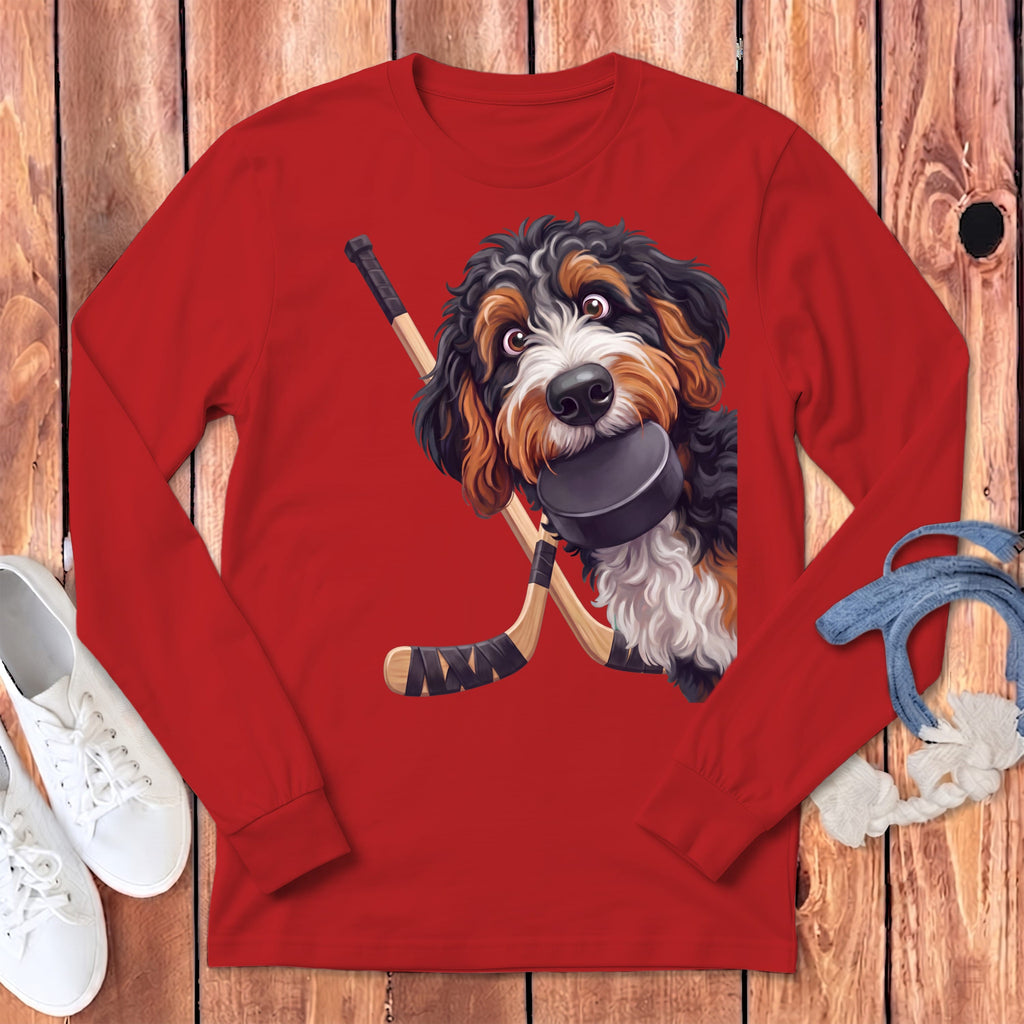 Bernedoodle Hockey Long Sleeve T-Shirt in Red / S by Puppy Jo
