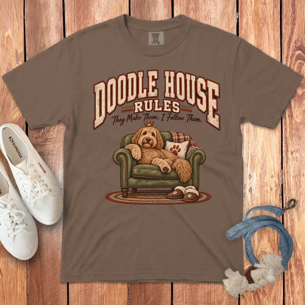 Brown t-shirt with "Doodle House Rules" and dog lounging on armchair.