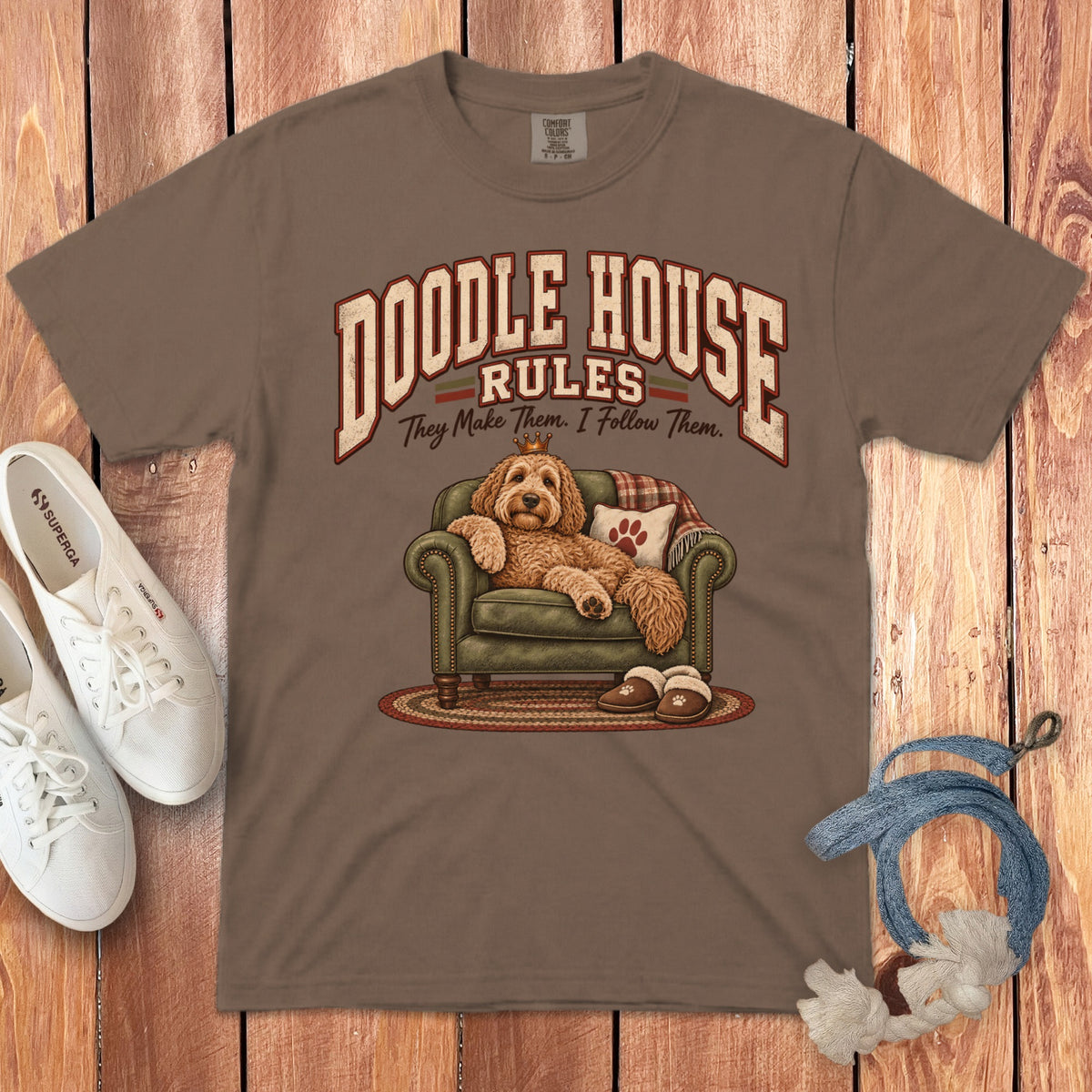 Brown t-shirt with "Doodle House Rules" and dog lounging on armchair.