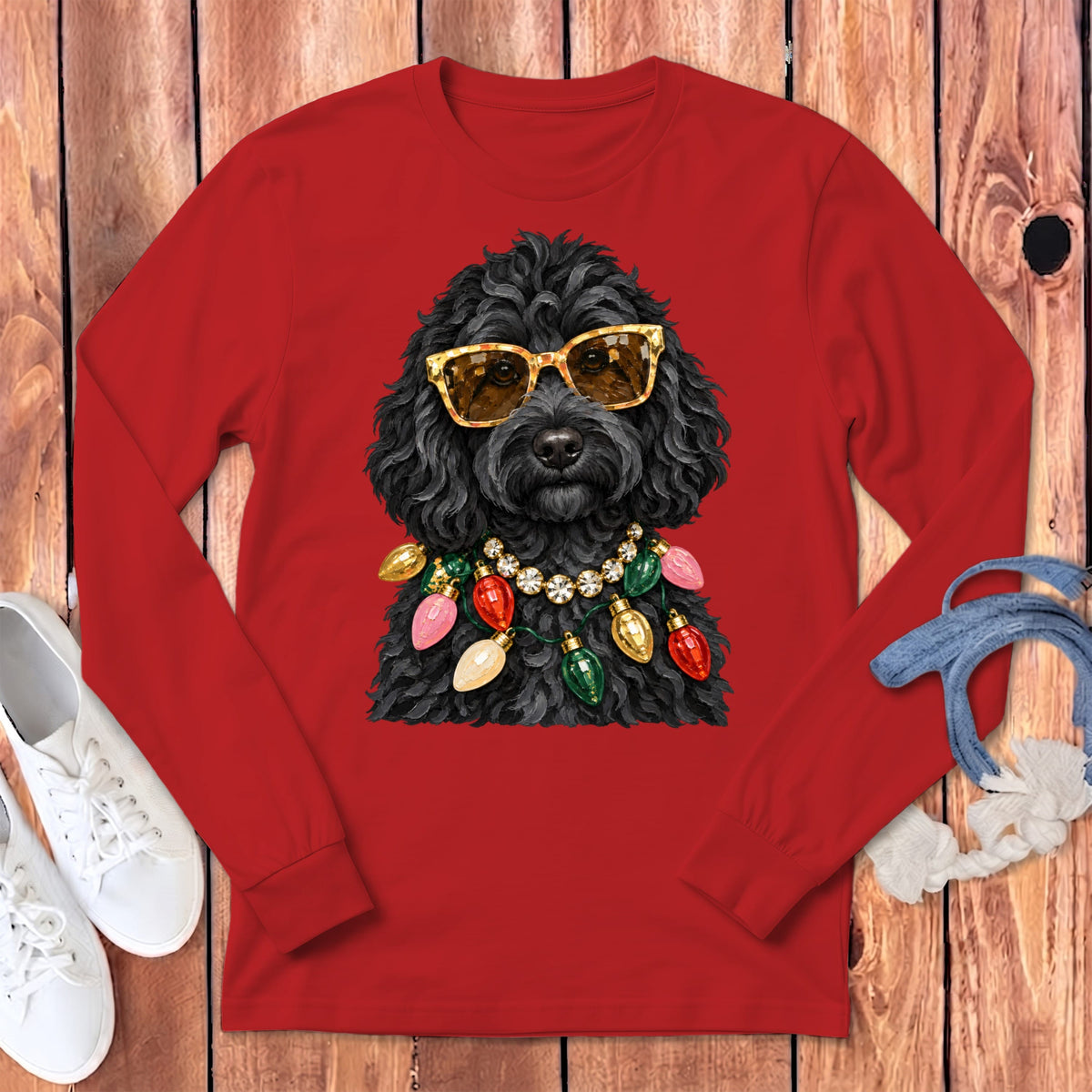 Black Goldendoodle Christmas Glam Long Sleeve T-Shirt in Red / S by Puppy Jo