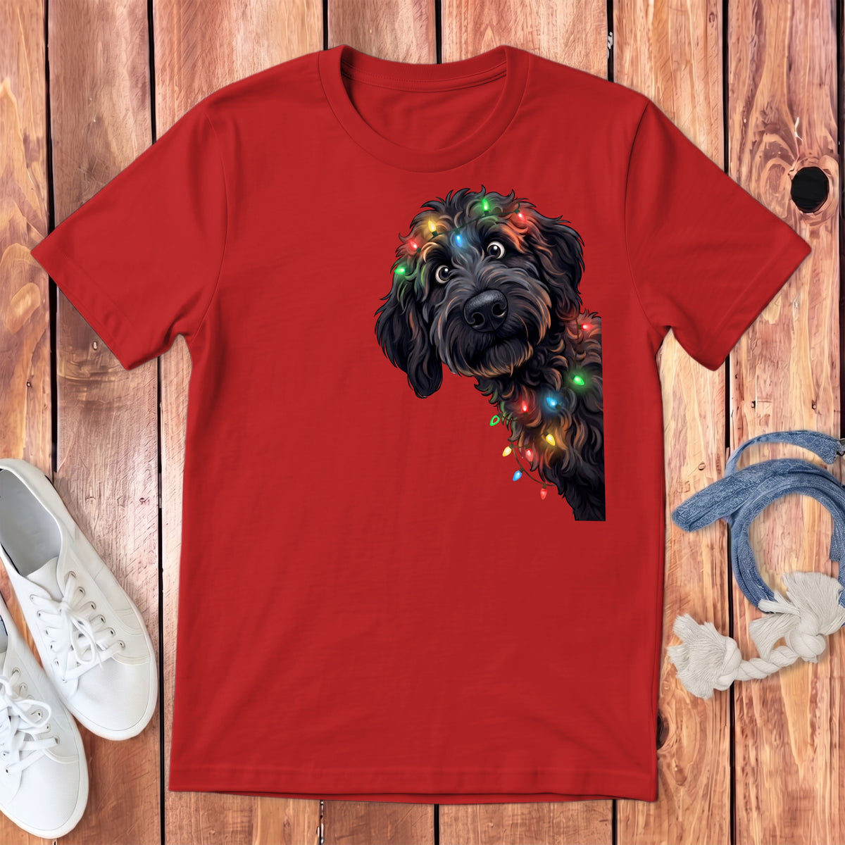 Red t-shirt with black dog wearing colorful Christmas lights.