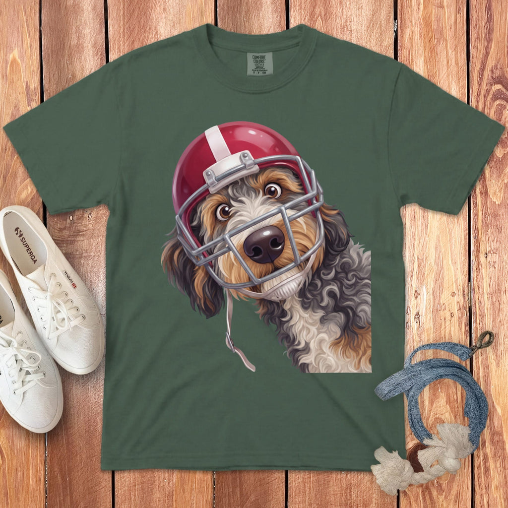 T-shirt with a dog wearing a football helmet graphic.