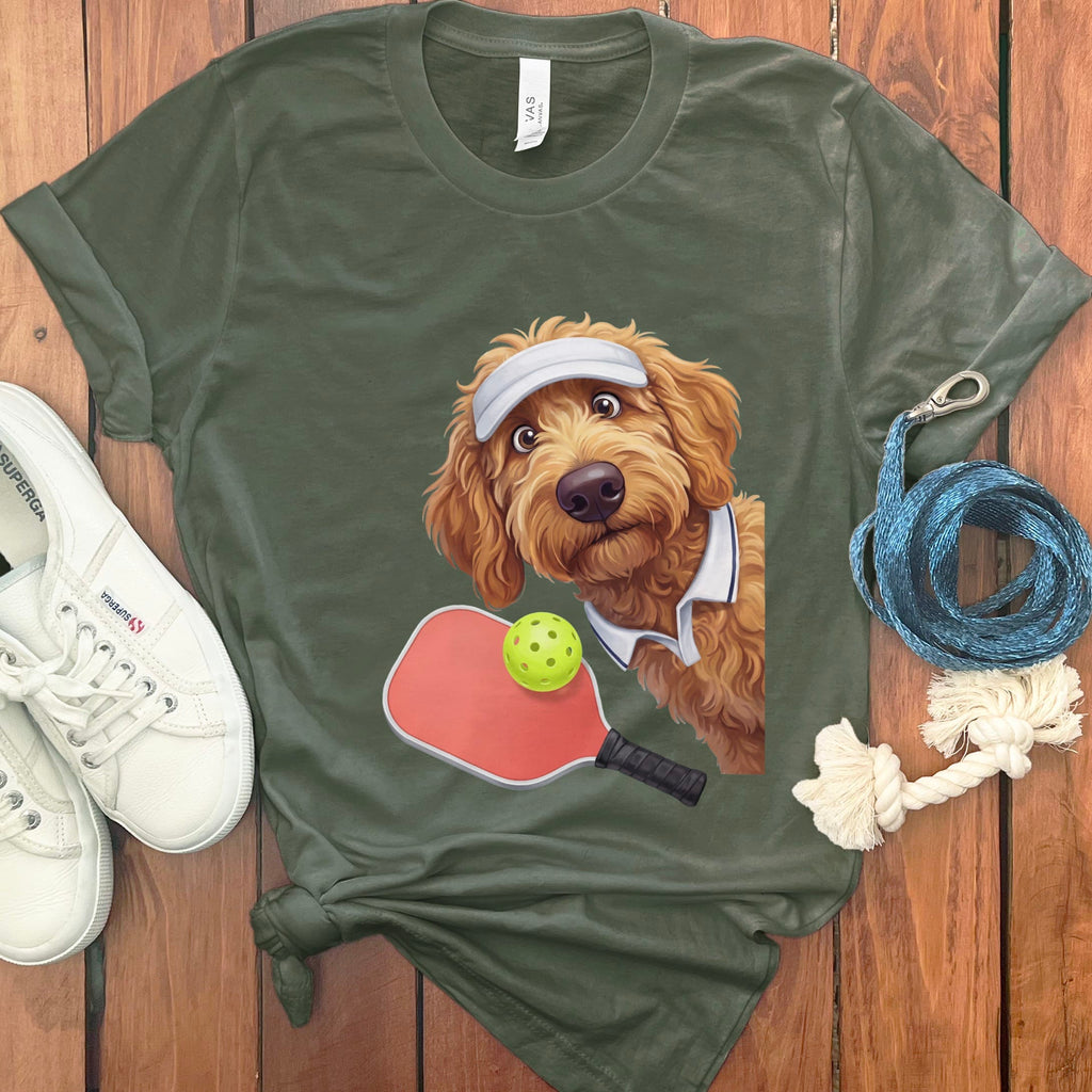 Apricot Goldendoodle Pickleball Player T-Shirt in Military Green / S by Puppy Jo