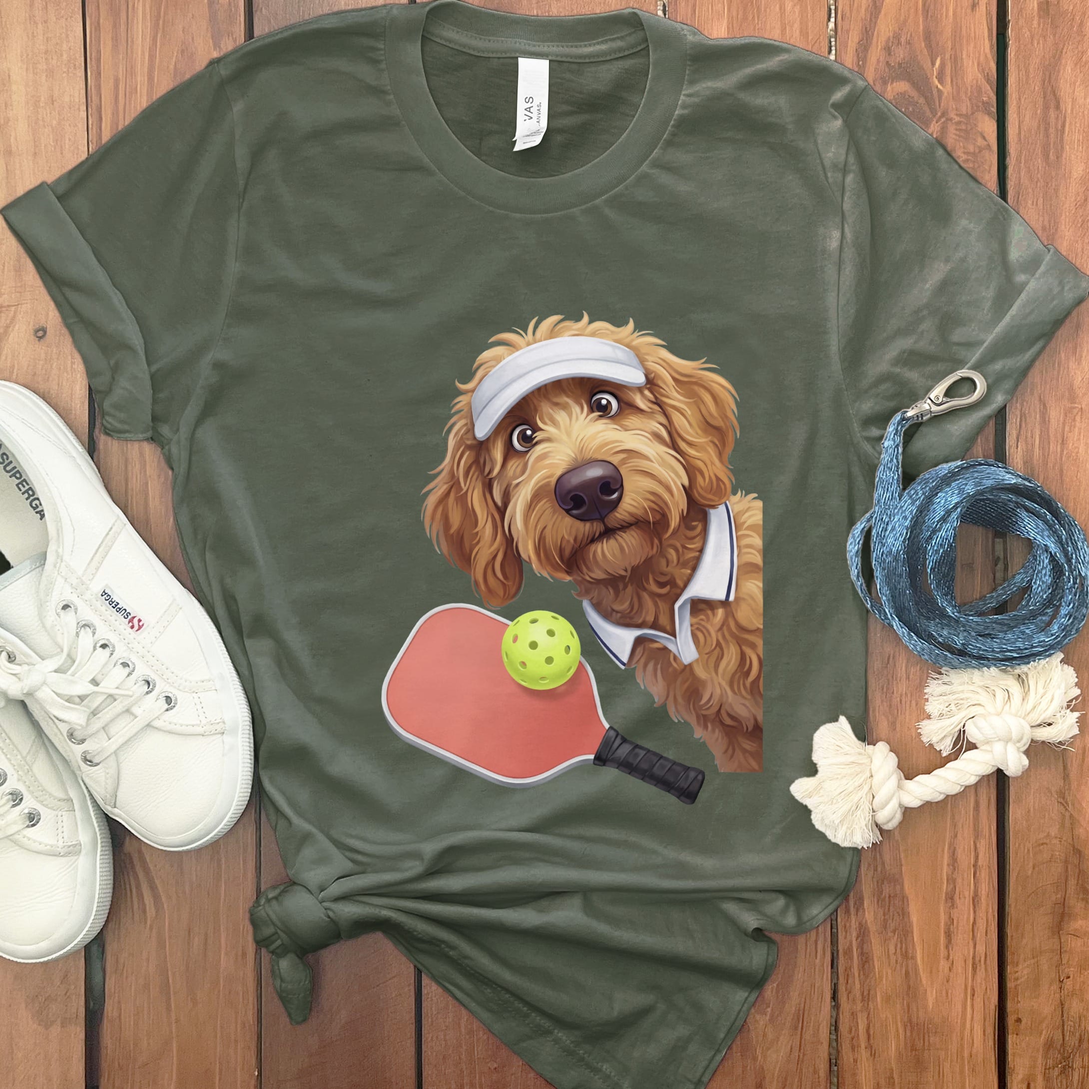 Apricot Goldendoodle Pickleball Player T-Shirt in Military Green / S by Puppy Jo