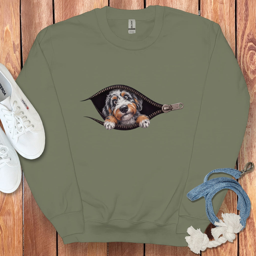 Aussiedoodle Peeking Zipper Sweatshirt in Military Green / S by Puppy Jo