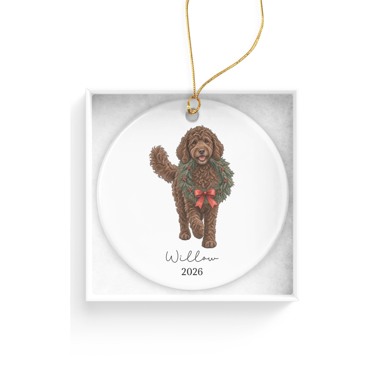 Chocolate Goldendoodle Wreath Ornament