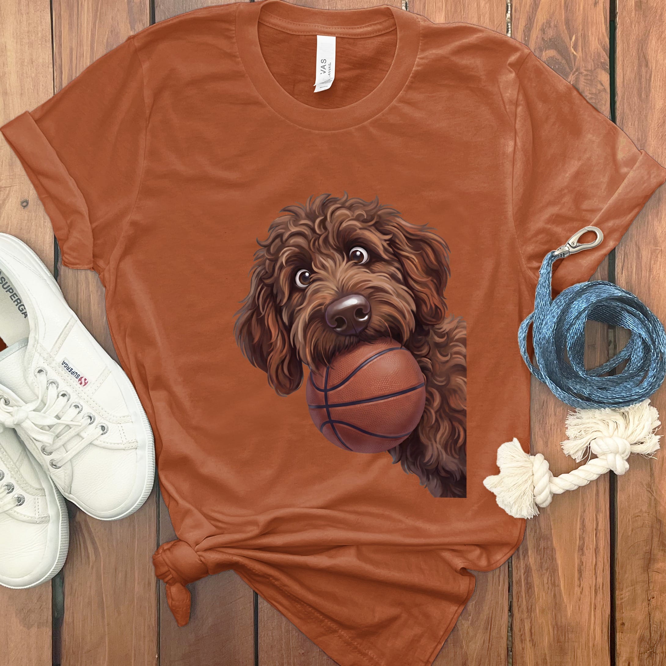 Chocolate Goldendoodle Basketball T-Shirt in Autumn / S by Puppy Jo