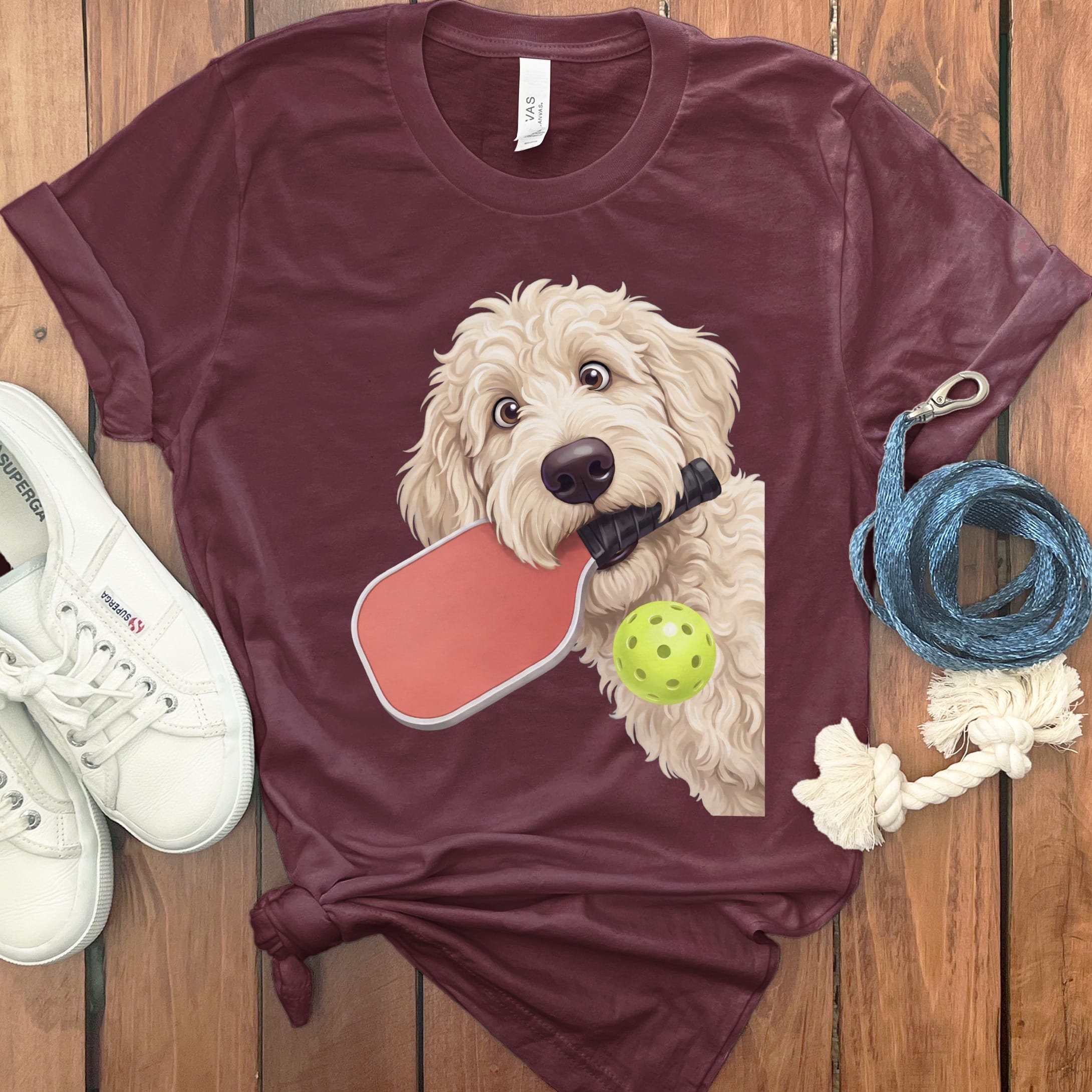 Cream Goldendoodle Pickleball T-Shirt in Maroon / S by Puppy Jo