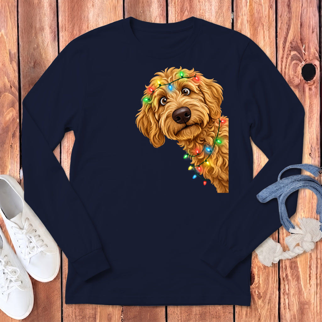 Navy long-sleeve shirt with a doodle dog wearing Christmas lights graphic.