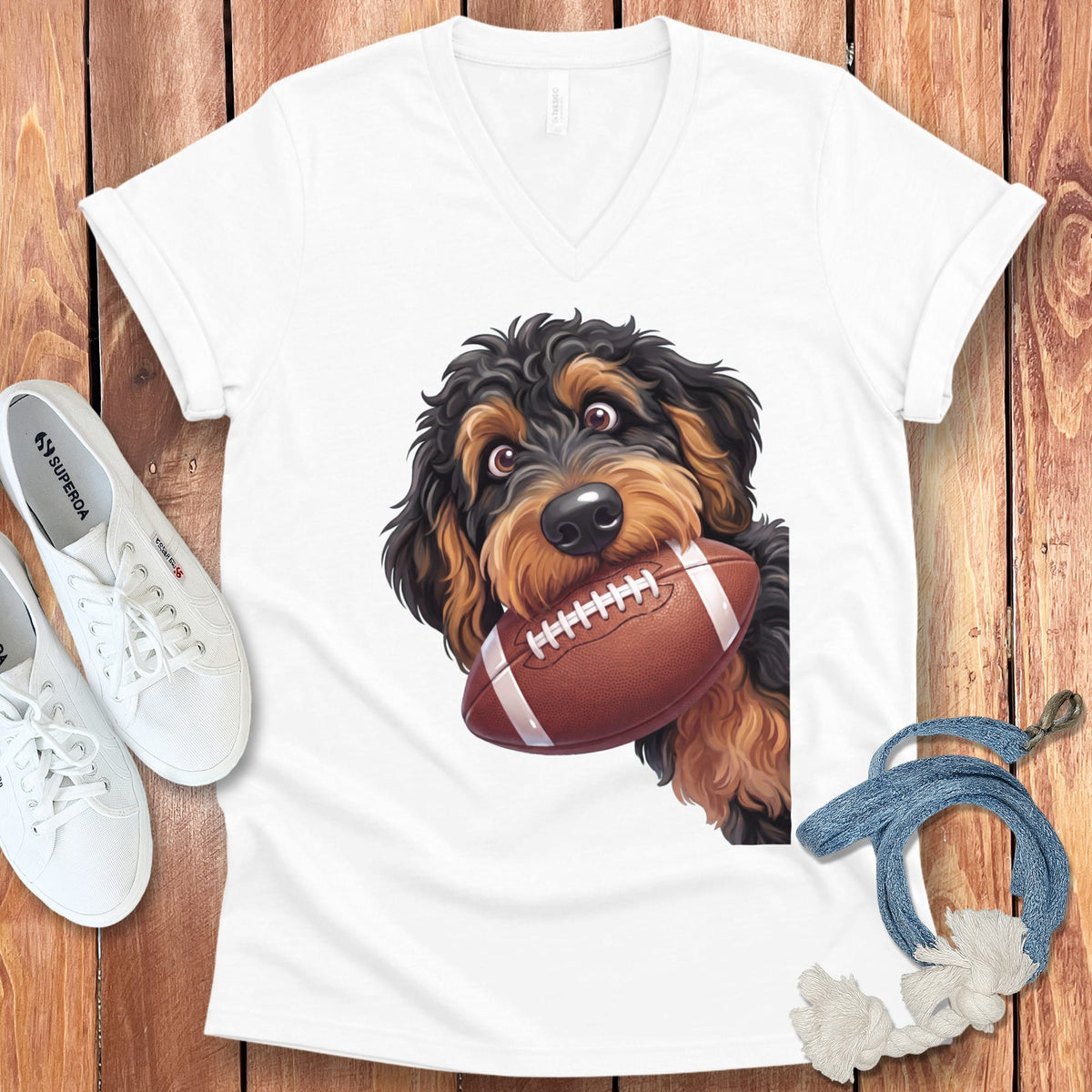 Phantom Goldendoodle Football V-Neck T-Shirt in White / S by Puppy Jo