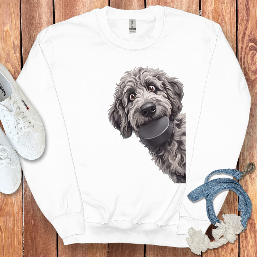 Merle Goldendoodle Hockey Puck Sweatshirt in White / S by Puppy Jo