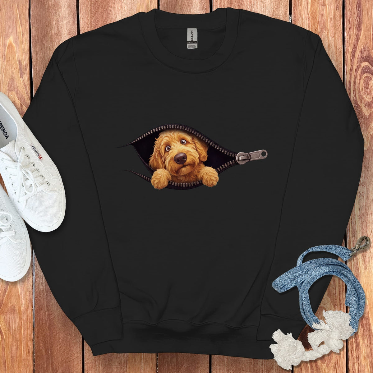 Golden Goldendoodle Peeking Zipper Sweatshirt in Black / S by Puppy Jo
