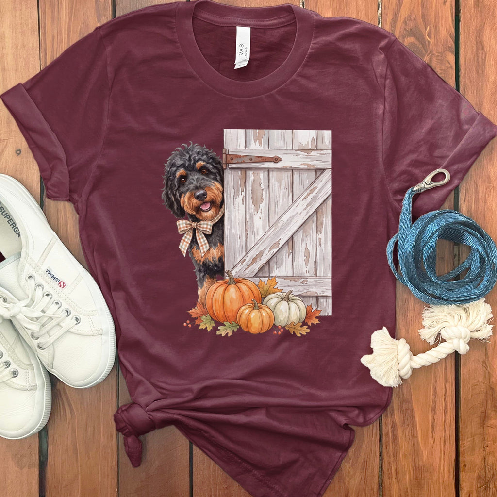 Phantom Goldendoodle Barn Peeking T-Shirt in Maroon / S by Puppy Jo