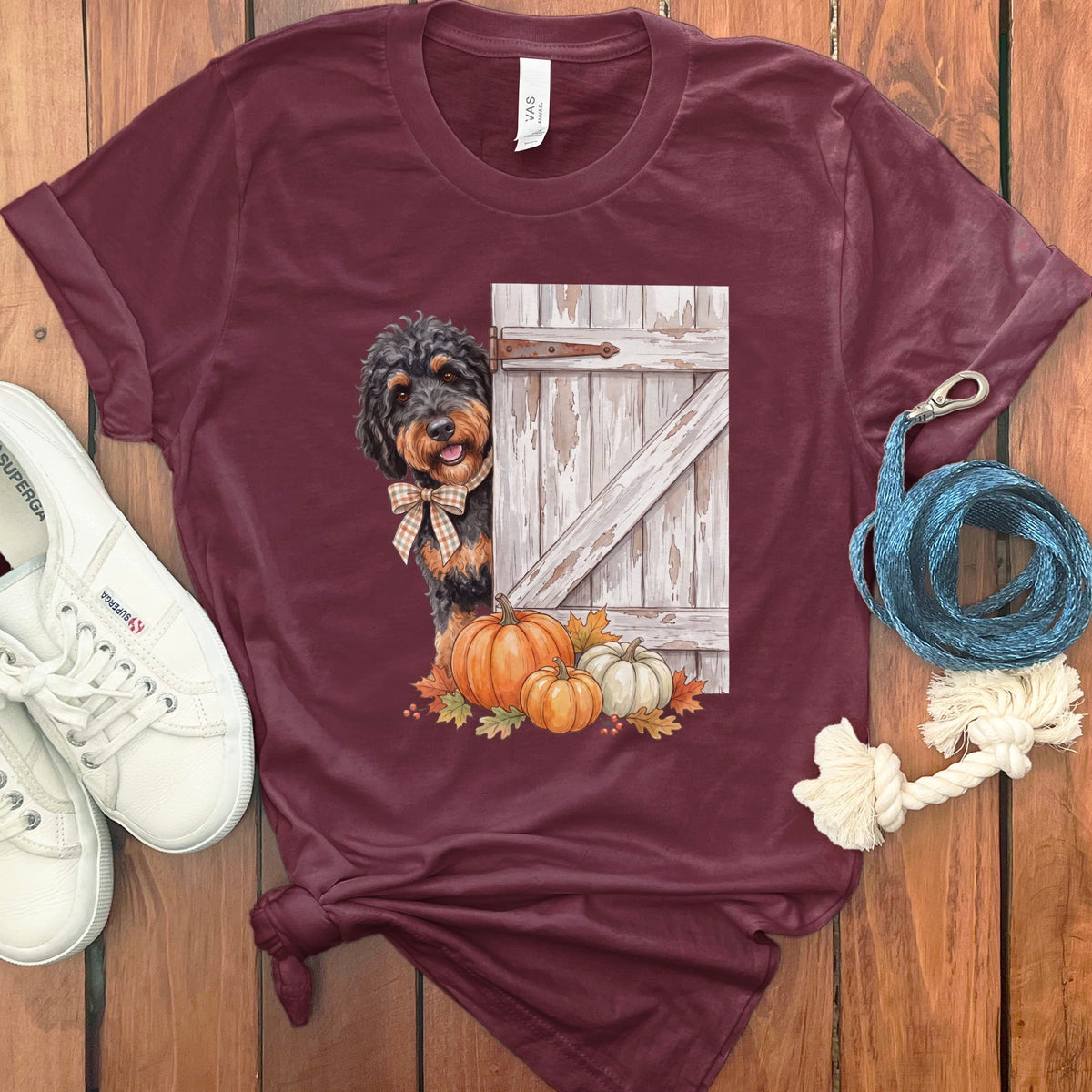 Phantom Goldendoodle Barn Peeking T-Shirt in Maroon / S by Puppy Jo
