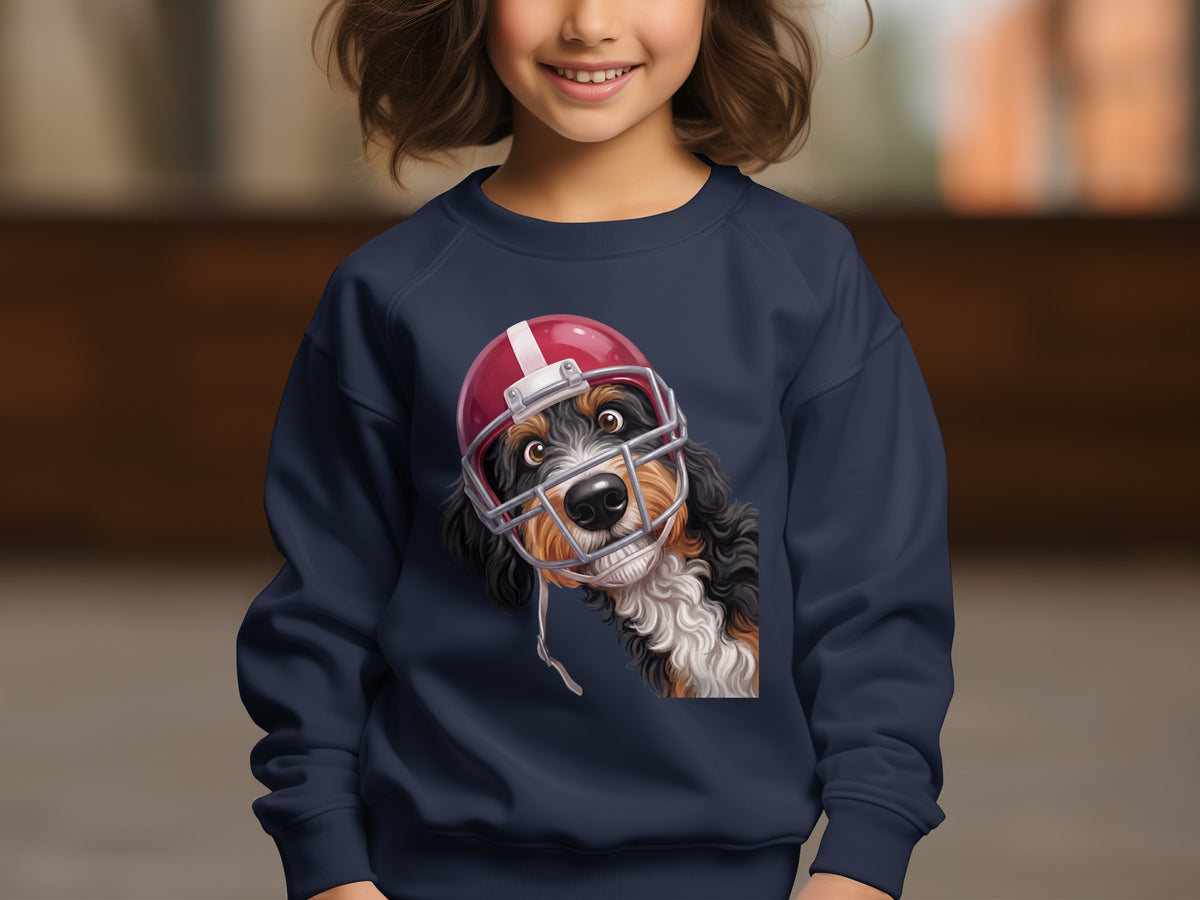 Bernese Mountain Dog wearing a red football helmet and facemask on a navy sweatshirt.